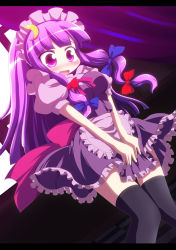 Rule 34 | 1girl, alternate costume, black thighhighs, crescent, crescent hair ornament, dress, enmaided, female focus, geo (yukishitadou), hair ornament, letterboxed, long hair, maid, maid headdress, patchouli knowledge, purple eyes, purple hair, solo, thighhighs, touhou