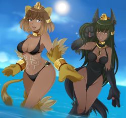 Rule 34 | 2girls, adeline leona, animal ear fluff, animal ears, animal hands, anubis (monster girl encyclopedia), bikini, blue eyes, blue sky, blush, bob cut, body markings, bracelet, breasts, brown hair, cat claws, cat ears, cat paws, cat tail, claws, cleavage, cloud, crown, dark-skinned female, dark skin, day, diadem, dog ears, dog paws, dog tail, egyptian, female focus, gold, green hair, highres, jackal claws, jackal ears, jackal paws, jackal tail, jewelry, lens flare, lion claws, lion ears, lion paws, lion tail, long hair, monster girl, monster girl encyclopedia, multiple girls, navel, necklace, oasis, one-piece swimsuit, outdoors, revealing clothes, short hair, sky, smile, sphinx (monster girl encyclopedia), stomach tattoo, sun, swimsuit, tail, tattoo, teeth, tiara, water, wolf paws