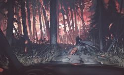Rule 34 | car, car interior, death, dragon, fire, forest, grass, klegsart, motor vehicle, nature, original, path, red theme, road, scenery, tree