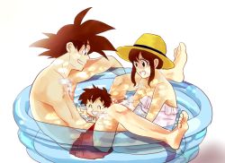 Rule 34 | 1girl, 2boys, arch lapin, bad id, bad pixiv id, black hair, chi-chi (dragon ball), child, closed eyes, dragon ball, dragonball z, family, father and son, full body, hat, long hair, male swimwear, mother and son, multiple boys, one-piece swimsuit, open mouth, red male swimwear, red swim trunks, shueisha, simple background, smile, son gohan, son goku, swim trunks, swimsuit, wading pool, white background, white one-piece swimsuit