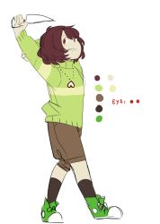 Rule 34 | androgynous, black socks, brown hair, chara (undertale), color guide, english text, flat color, full body, gender request, heart, heart necklace, heart pendant, highres, jewelry, kneehighs, knife, necklace, parted lips, red eyes, shorts, sketch, smile, socks, soleilos, solo, spoilers, standing, striped clothes, striped sweater, sweater, undertale, white background