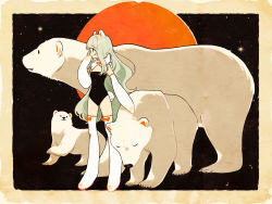 Rule 34 | 1girl, animal ears, animal hands, bare shoulders, bear, bear ears, bear tail, black leotard, bow, bowtie, breasts, cleavage, commentary request, elbow gloves, gloves, grey hair, hand up, keishin, leotard, orange bow, orange bowtie, original, paw gloves, polar bear, small breasts, smile, solo, standing, tail, thighhighs, white gloves