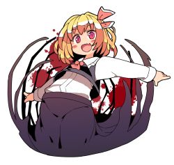 Rule 34 | 1girl, black vest, blonde hair, blood, blood splatter, blush, blush stickers, cowboy shot, darkness, fang, hair ribbon, ini (inunabe00), necktie, open mouth, outstretched arms, red eyes, red necktie, red ribbon, ribbon, rumia, shirt, short hair, solo, touhou, transparent background, vest, white shirt