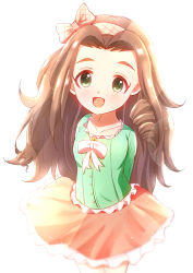 Rule 34 | 1girl, :d, arms behind back, blush, bow, brown hair, drill hair, green eyes, hair bow, highres, idolmaster, idolmaster cinderella girls, kusakabe wakaba, long hair, looking at viewer, open mouth, pink bow, shisight, simple background, skirt, smile, solo, standing, white background, aged down