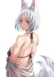 Rule 34 | 1girl, alexi oekaki, animal ears, arm under breasts, azur lane, back, bare shoulders, bikini, black bikini, blue eyes, blush, breasts, clothes pull, expressionless, eyeshadow, fox ears, fox girl, fox tail, from behind, hand up, highres, kaga (azur lane), kitsune, large breasts, looking at viewer, looking back, makeup, medium hair, multiple tails, off shoulder, simple background, solo, swimsuit, tail, upper body, white background, white hair