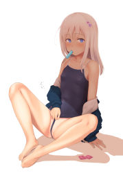Rule 34 | 1girl, bare shoulders, barefoot, black one-piece swimsuit, blue eyes, blue one-piece swimsuit, blush, breasts, clothes pull, collarbone, commentary request, competition school swimsuit, condom, condom wrapper, flower, food, full body, hair flower, hair ornament, jacket, kantai collection, long hair, long sleeves, looking at viewer, moose (moosemitchell2), mouth hold, one-piece swimsuit, one-piece swimsuit pull, one-piece tan, partially visible vulva, popsicle, ro-500 (kancolle), school swimsuit, sexually suggestive, sitting, small breasts, solo, spread legs, swimsuit, swimsuit under clothes, tan, tanline, toes, tongue, tongue out, white hair