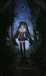 Rule 34 | 1girl, absurdres, advarcher, aqua eyes, aqua hair, aqua necktie, arms up, bare shoulders, black footwear, black skirt, black sleeves, boots, closed mouth, commentary, detached sleeves, eclipse, english text, full body, grey shirt, hair ornament, hatsune miku, headphones, highres, jewelry, long hair, looking at viewer, miku day, miniskirt, necklace, necktie, night, outdoors, pleated skirt, shirt, skirt, sleeveless, sleeveless shirt, smile, solar eclipse, solo, standing, thigh boots, thighhighs, twintails, very long hair, vocaloid, zettai ryouiki