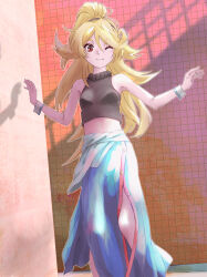 Rule 34 | 1girl, black shirt, blonde hair, breasts, character request, commentary request, copyright request, crop top, full body, hair between eyes, high ponytail, highres, long hair, looking at viewer, marutaya, midriff, one eye closed, red hair, see-through, see-through skirt, shirt, skirt, small breasts, smile, solo, tile wall, tiles, turtleneck, very long hair
