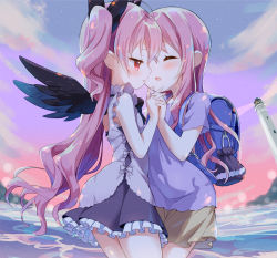 Rule 34 | 2girls, amimi, backpack, bag, black dress, black wings, blue shirt, blush, brown skirt, camisole, cloud, dress, closed eyes, face-to-face, feathered wings, holding hands, highres, imminent kiss, lighthouse, long hair, multiple girls, original, outdoors, pink eyes, pink hair, randoseru, ribbon, shirt, short sleeves, skirt, sky, sleeveless, sleeveless dress, two side up, very long hair, white camisole, wings, yuri