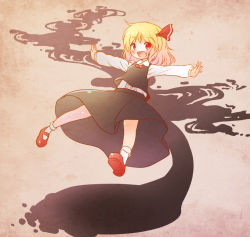 Rule 34 | 1girl, :d, arinu, blonde hair, darkness, fang, hair ribbon, open mouth, outstretched arms, red eyes, ribbon, rumia, shirt, short hair, skirt, smile, solo, spread arms, touhou, vest