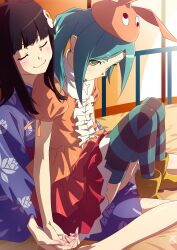 Rule 34 | 2girls, absurdres, ahoge, aqua hair, araragi tsukihi, arms at sides, barefoot, black hair, black thighhighs, blunt bangs, blush, boots, closed eyes, closed mouth, commentary, dress, egg hair ornament, expressionless, floral print, food-themed hair ornament, fried egg, frilled dress, frills, googly eyes, green eyes, green thighhighs, hair ornament, highres, holding hands, japanese clothes, kimono, knees up, long hair, long sleeves, looking down, makicha (sasurainopink), monogatari (series), multiple girls, ononoki yotsugi, orange dress, orange headwear, puffy short sleeves, puffy sleeves, purple kimono, railing, rubber boots, short kimono, short sleeves, sidelocks, sitting, sitting on lap, sitting on person, smile, thighhighs, twintails, two-tone thighhighs, wariza, yellow footwear