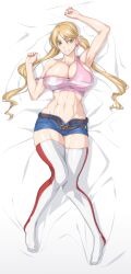 Rule 34 | 1girl, arm up, armpits, bare shoulders, bed sheet, belt, blonde hair, breasts, cleavage, collarbone, commentary request, dakimakura (medium), denim, denim shorts, earrings, full body, green eyes, grin, gundam, gundam tekketsu no orphans, hair between eyes, heart, heart earrings, highres, jewelry, lafter frankland, large breasts, long hair, looking at viewer, lying, midriff, nail polish, navel, obliques, off shoulder, on back, open belt, open fly, ozaneko, parted bangs, partial commentary, pink nails, pink sports bra, shadow, short shorts, shorts, single sidelock, skindentation, smile, solo, sports bra, teeth, thighhighs, twintails, white thighhighs