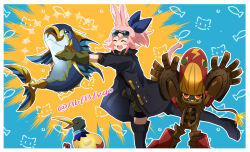 Rule 34 | 1girl, abfbfygo, animal, animal ears, arms up, bird, boots, cat ears, cat tail, closed eyes, colored sclera, duel monster, feet out of frame, fish, hands up, holding, holding animal, holding fish, jacket, kitt (yu-gi-oh!), kiwi (bird), lit fuse, open clothes, open jacket, open mouth, pink hair, ponytail, red eyes, robot, smile, springans kitt, springans rockey, standing, standing on one leg, sunglasses, tail, thigh boots, wattkiwi, wattuna, yellow sclera, yu-gi-oh!