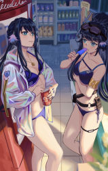 Rule 34 | 2girls, absurdres, arknights, armlet, astesia (arknights), astgenne (arknights), bare shoulders, belt, bikini, black belt, blue bikini, blue eyes, blue hair, breasts, can, cleavage, collarbone, commentary request, drink can, feet out of frame, food, goggles, goggles on head, highres, holding, holding can, holding food, indoors, jacket, long hair, multiple girls, navel, open clothes, open jacket, popsicle, siblings, sisters, snorkel, soda can, standing, stomach, swimsuit, thighs, very long hair, white jacket, xiao huang