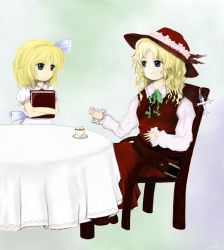 Rule 34 | 2girls, alice margatroid, alice margatroid (pc-98), alternate costume, bad id, bad pixiv id, belt, blonde hair, blue eyes, book, chair, cross, cup, dolls in pseudo paradise, female focus, hat, jacket girl (dipp), long sleeves, loose belt, multiple girls, mystic square, parody, ribbon, short sleeves, smile, style parody, table, tablecloth, teacup, that child of the jacket, touhou, touhou (pc-98), zun (style)