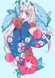 Rule 34 | 1girl, :3, animal ear fluff, animal ears, animal nose, ball, blue background, blue flower, blue kimono, blunt bangs, brown fur, closed mouth, commission, cross-shaped pupils, floating, floral print, flower, full body, furry, grey hair, hands up, highres, holding, holding ball, japanese clothes, kimono, long hair, looking at viewer, morning glory, morning glory print, nagino nichiko, obi, orange eyes, original, red flower, red sash, sash, solo, sparkle, symbol-shaped pupils, tail, very long hair, wide sleeves, yukata
