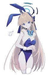 Rule 34 | 1girl, absurdres, animal ears, bare shoulders, blonde hair, blue archive, blue bow, blue bowtie, blue eyes, blue halo, blue leotard, bow, bowtie, breasts, cropped legs, detached collar, expressionless, fake animal ears, groin, hair bow, halo, highleg, highleg leotard, highres, leotard, long hair, looking at viewer, microbe volvox, official alternate costume, playboy bunny, rabbit ears, simple background, small breasts, solo, strapless, strapless leotard, thighhighs, toki (blue archive), toki (bunny) (blue archive), traditional bowtie, very long hair, white background, white thighhighs, wrist cuffs