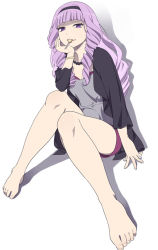 Rule 34 | 10s, 1girl, barefoot, cardfight!! vanguard, cardfight!! vanguard g, drill hair, eating, feet, food, hairband, hashima rin, jewelry, long hair, mattaku mousuke, necklace, popsicle, purple eyes, purple hair, simple background, sitting, solo, toes, white background