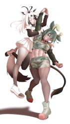 Rule 34 | 2girls, abs, absurdres, animal ears, arabian oryx (kemono friends), aurochs (kemono friends), bad id, bad pixiv id, boots, breasts, camouflage, camouflage shirt, camouflage skirt, cow ears, cow tail, gazelle ears, gazelle tail, green hair, grin, highres, horns, kemono friends, large breasts, lifting person, medium breasts, midriff, multicolored hair, multiple girls, navel, negimisoneko, one eye closed, shirt, skirt, smile, spotted hair, tail, white hair