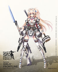 Rule 34 | 1girl, ahoge, armor, armored boots, armored dress, bayonet, blonde hair, blue eyes, blush, body armor, bodysuit, boots, breasts, brown dress, cleavage, cleavage cutout, closed mouth, clothing cutout, coilgun, corset, dango remi, dao (weapon), detached collar, detached sleeves, dress, energy, energy blade, energy sword, energy weapon, explosive, full body, gewehr 88, girls&#039; frontline, glowing, glowing sword, glowing weapon, grenade, gun, hair ornament, hand grenade, hanyang type 88 (girls&#039; frontline), hanyang type 88 (mod3) (girls&#039; frontline), headdress, highres, holding, holding gun, holding weapon, knee boots, large breasts, long hair, looking at viewer, magnetic weapon, military, military uniform, mod3 (girls&#039; frontline), necktie, official alternate costume, one side up, revealing clothes, rifle, rocket, rocket launcher, science fiction, scope, shoulder armor, sleeve cuffs, smile, sniper rifle, solo, stick grenade, stielhandgranate, sword, thighhighs, thighhighs under boots, uniform, weapon, weapon on back, white footwear, white thighhighs, wrist cuffs