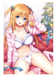 Rule 34 | 1girl, absurdres, arm support, blue eyes, bra, breasts, cleavage, highres, holding, hood, hoodie, long hair, long sleeves, looking at viewer, medium breasts, melonbooks, navel, open clothes, orange hair, panties, pom pom (clothes), sasachin (k+w), scan, simple background, sitting, smile, socks, solo, stomach, striped clothes, striped hoodie, striped socks, underwear