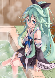 Rule 34 | 10s, 1girl, bare shoulders, blue neckerchief, detached sleeves, green eyes, green hair, hair between eyes, hair ornament, hair ribbon, hairclip, highres, kantai collection, long hair, looking at viewer, neckerchief, pleated skirt, ponytail, ribbon, sailor collar, sitting, skirt, soaking feet, solo, steam, sugue 304, sweat, twitter username, yamakaze (kancolle)