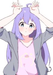Rule 34 | 1girl, ahoge, arms up, blue eyes, blush, collarbone, enelis, eyebrows hidden by hair, grey jacket, hair between eyes, idolmaster, idolmaster million live!, jacket, long hair, looking at viewer, mochizuki anna, open clothes, open jacket, parted lips, pink shirt, purple hair, shirt, sidelocks, simple background, solo, very long hair, white background