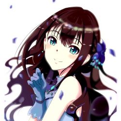 Rule 34 | 1girl, bad id, bad pixiv id, blue eyes, blue flower, blue gloves, brown hair, earrings, floating hair, flower, from side, gloves, hair between eyes, hair flower, hair ornament, idolmaster, idolmaster cinderella girls, jewelry, long hair, looking at viewer, petals, shibuya rin, shiki (0802makimari), simple background, smile, solo, upper body, white background