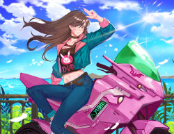 Rule 34 | 1girl, belt, black choker, brown belt, brown hair, casual, choker, crop top, d.va (overwatch), day, denim, facial mark, feathers, fingernails, flat chest, hair down, jeans, lens flare, long hair, looking at viewer, meka (overwatch), motor vehicle, motorcycle, mountainous horizon, nail polish, navel, ocean, on motorcycle, overwatch, overwatch 1, pants, pants rolled up, pink nails, salute, shoes, sneakers, solo, ssaknanda, stomach, two-finger salute, whisker markings, white footwear, wind, wind lift
