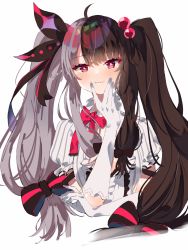 Rule 34 | 1girl, ahoge, black hair, black ribbon, bow, bowtie, dress, elbow gloves, frilled dress, frilled sleeves, frills, gloves, hair bow, hair ribbon, hand on own cheek, hand on own face, hand up, highres, iridescent, itoi (1 10 1 ), long hair, looking at viewer, multicolored hair, nijisanji, red bow, red eyes, red neckwear, ribbon, short sleeves, silver hair, smile, split-color hair, striped bow, striped clothes, striped dress, two-tone hair, two side up, upper body, vertical-striped clothes, vertical-striped dress, very long hair, virtual youtuber, white background, white gloves, yorumi rena, yorumi rena (1st costume), ||/