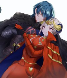 Rule 34 | 123asase, 1boy, 1girl, armor, blue hair, blush, byleth (fire emblem), byleth (male) (fire emblem), cape, closed eyes, closed mouth, couple, crown, dagger, edelgard von hresvelg, fire emblem, fire emblem: three houses, gloves, hand on another&#039;s shoulder, hetero, highres, holding hands, knife, long hair, nintendo, purple eyes, red cape, sheath, sheathed, short hair, simple background, smile, weapon, white background, white hair