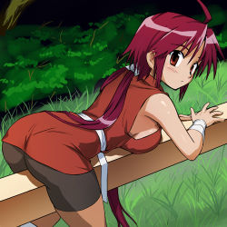 Rule 34 | 00s, 1girl, ahoge, ass, bare shoulders, bent over, blush, breast press, breasts, grass, haruyama kazunori, long hair, looking at viewer, looking back, lowres, nagasarete airantou, no bra, outdoors, rin (nagasarete airantou), solo, spandex, straddling, twintails