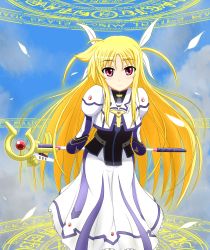 Rule 34 | 1girl, absurdres, blonde hair, blush, cloud, cosplay, day, dress, fate testarossa, feathers, hair ribbon, highres, long hair, long sleeves, lyrical nanoha, magic circle, magical girl, mahou shoujo lyrical nanoha, mahou shoujo lyrical nanoha the movie 1st, puffy sleeves, raising heart, raising heart (accel mode) (2nd), red eyes, ribbon, sky, smile, solo, takamachi nanoha, takamachi nanoha (cosplay), takamachi nanoha (exelion mode), tom-ani, two side up, very long hair