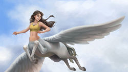 Rule 34 | 1girl, blue eyes, brown hair, centaur, cloud, cloudy sky, commentary, commission, commissioner upload, crop top, demisir, english commentary, fantasy, flying, from below, highres, hybrid, jewelry, long hair, monster girl, necklace, original, pegasus, sky, smile, solo, taur, wallpaper, white wings, wings