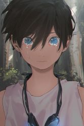 Rule 34 | 10s, 1boy, aged down, bare shoulders, black hair, blue eyes, bush, closed mouth, crying, crying with eyes open, free!, goggles, goggles around neck, hair between eyes, hana (dqkmb362), high speed!, looking at viewer, male focus, nanase haruka (free!), sleeveless, solo, tank top, tears, tree, upper body
