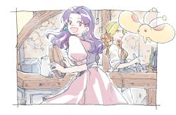 Rule 34 | 2girls, aged up, closed mouth, dress, earrings, grandia, grandia i, green hair, hair net, hair ornament, holding, indoors, jewelry, lily (grandia), long hair, looking at viewer, michibata 65, multiple girls, open mouth, protected link, purple hair, puui (grandia), smile, sue (grandia)