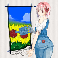 Rule 34 | 1girl, ass, bear pin, flower, from behind, holding, looking back, nakahara (takayama toshinori), off shoulder, original, overalls, pink hair, red eyes, shirt, short hair, solo, sunflower, t-shirt, takayama toshinori, watering can