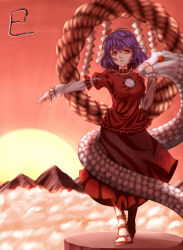 Rule 34 | 1girl, anklet, asakura aoshi, bad id, bad pixiv id, blouse, breasts, cloud, female focus, frown, full body, jewelry, long sleeves, looking at viewer, medium breasts, mirror, mountaintop, onbashira, open hand, outstretched arm, purple hair, red eyes, rope, sandals, shide, shimenawa, shirt, short hair, skirt, snake, solo, sunset, touhou, twilight, yasaka kanako