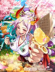 Rule 34 | 1girl, blue hair, breasts, cherry blossoms, chikuwa, cleavage, curled horns, daikon, day, earrings, eating, falling petals, food, food on face, hair ornament, hair stick, hakama, hakama pants, holding, holding food, hoop earrings, horns, japanese clothes, jewelry, kimono, konnyaku (food), large breasts, long hair, looking at viewer, moroi, multicolored hair, multicolored horns, oden, one piece, oni, open mouth, orange horns, outdoors, pants, petals, pink hair, ponytail, radish, red eyes, round teeth, sleeveless, sleeveless kimono, smile, solo, teeth, tongue, tree, yamato (one piece)