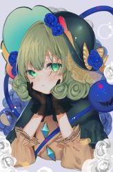Rule 34 | 1girl, :/, absurdres, blouse, blue flower, blue rose, blush, bow, buttons, capelet, closed mouth, commentary, curly hair, diamond button, flower, frilled sleeves, frills, green capelet, green eyes, green hair, green hat, hair between eyes, hands on own cheeks, hands on own face, hands up, hat, hat bow, hat flower, head rest, highres, komeiji koishi, long sleeves, looking at viewer, medium hair, mokokiyo (asaddr), rose, shirt, solo, striped, striped bow, third eye, touhou, upper body, white flower, white rose, yellow bow, yellow shirt