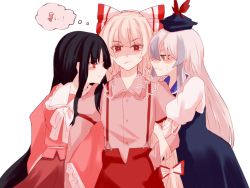 Rule 34 | 3girls, belt, black hair, blouse, blue dress, blue hair, blue headwear, blush, bow, bowtie, breasts, brown eyes, buttons, closed mouth, collared dress, collared shirt, commentary request, dress, eyelashes, eyes visible through hair, frills, fujiwara no mokou, hair between eyes, hair bow, hand in pocket, hand up, hat, hat ornament, highres, houraisan kaguya, hug, juliet sleeves, kamishirasawa keine, long sleeves, looking at another, looking at viewer, medium breasts, multicolored bow, multicolored hair, multiple girls, pants, pink eyes, pink shirt, puffy short sleeves, puffy sleeves, red bow, red eyes, red pants, red skirt, shaded face, shirt, short sleeves, sidelocks, silver hair, simple background, skirt, smile, somei ooo, standing, touhou, translation request, white background, white belt, white bow, white bowtie, white shirt, wide sleeves, yuri