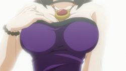 Rule 34 | 1girl, ageha (omamori himari), animated, animated gif, breasts, brown hair, convenient censoring, green eyes, jewelry, large breasts, necklace, no bra, no nipples, omamori himari, out-of-frame censoring, solo, sweat, undressing