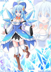 Rule 34 | 1girl, aged up, ahoge, alternate breast size, alternate costume, alternate hair length, alternate hairstyle, blue eyes, blue hair, blush, boots, bow, bowtie, breasts, cirno, cleavage, copyright name, dated, detached sleeves, hair bow, hair ornament, happy, highres, ice, ice wings, long hair, medium breasts, open mouth, pigeon-toed, pleated skirt, skirt, smile, standing, standing on one leg, thighhighs, touhou, twitter username, white thighhighs, wings, yurume atsushi