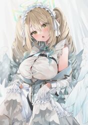 Rule 34 | 1girl, bare shoulders, blonde hair, blush, breasts, clothes lift, dress, drill hair, gloves, hair ornament, head tilt, highres, large breasts, long hair, looking at viewer, nanase eru, open mouth, skirt, skirt lift, twintails, varium, virtual youtuber, white dress, yellow eyes, yuzuki 1212