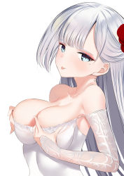 Rule 34 | 1girl, :p, alternate costume, azur lane, bare shoulders, blue eyes, breasts, cleavage, collarbone, commentary request, earrings, flower, hair flower, hair ornament, highres, jewelry, large breasts, long hair, looking at viewer, mole, mole under eye, schreibe shura, shoukaku (azur lane), shoukaku (the crane that dances with the wind) (azur lane), silver hair, solo, tehepero, tongue, tongue out, upper body