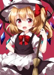 Rule 34 | 1girl, apron, black dress, blonde hair, blush, bow, broom, cosplay, crystal, dress, flandre scarlet, frilled dress, frills, hair between eyes, hat, highres, holding, kirisame marisa, kirisame marisa (cosplay), looking at viewer, one-hour drawing challenge, open mouth, puffy short sleeves, puffy sleeves, red background, red eyes, ribbon, ruu (tksymkw), short hair, short sleeves, side ponytail, simple background, skirt, smile, solo, standing, touhou, waist apron, white bow, wings, witch hat