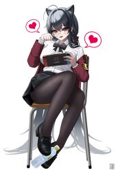 Rule 34 | 1girl, absurdly long hair, absurdres, animal ears, armband, azur lane, black bow, black bowtie, black footwear, black hair, black pantyhose, black skirt, bottle, bow, bowtie, breasts, cat ears, commentary request, full body, handheld game console, heart, highres, holding, holding handheld game console, jacket, large breasts, logo, long hair, looking at viewer, nintendo switch, official alternate costume, open clothes, open jacket, open mouth, pantyhose, paw pose, pleated skirt, red eyes, red jacket, rimless eyewear, school uniform, shirt, shirt tucked in, shoes, simple background, sitting, skirt, solo, speech bubble, spoken heart, taihou (azur lane), taihou (sweet time after school) (azur lane), very long hair, water bottle, white background, white shirt, yellow armband, zekong pioneer