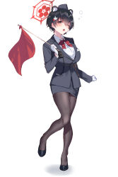 Rule 34 | 1girl, absurdres, animal ears, black eyes, black footwear, black hair, black hat, black pantyhose, black skirt, blue archive, blush, bow, bowtie, breasts, collared shirt, extra ears, flag, full body, gloves, halo, hat, highres, holding, holding flag, large breasts, long sleeves, official alternate costume, one eye closed, open mouth, pantyhose, red bow, red bowtie, red halo, shirt, shoes, short hair, simple background, skirt, solo, tsubaki (blue archive), tsubaki (guide) (blue archive), tsukudani (ore624), white background, white gloves, white shirt