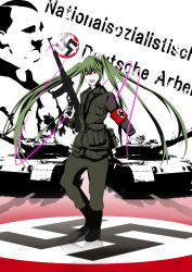 Rule 34 | 1girl, absurdres, adolf hitler, assault rifle, boots, commentary request, german text, green hair, gun, hatsune miku, highres, laughing, long hair, military, military vehicle, motor vehicle, nazi, real life, real life insert, red eyes, rifle, schutzstaffel, stg44, swastika, tank, translated, twintails, type 90 (tank), uniform, vehicle, very long hair, vocaloid, waffen-ss, weapon, wehrmacht, zenith