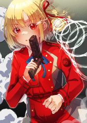 Rule 34 | 1girl, :o, belt, blonde hair, breasts, projectile trail, buttons, clenched hand, cloud, cruzango0510, dot nose, film grain, flaming eye, gun, hair ribbon, handgun, holding, holding gun, holding weapon, light blush, long sleeves, looking at viewer, lycoris recoil, medium breasts, medium hair, nishikigi chisato, outline, parted lips, red belt, red eyes, red ribbon, red shirt, ribbon, shirt, solo, uniform, upper body, weapon